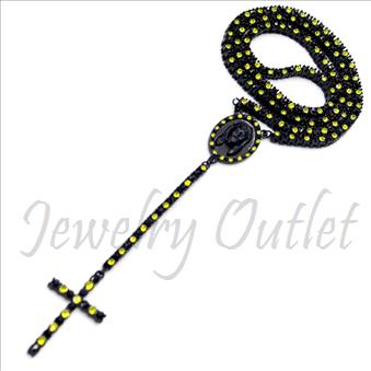 Hip Hop Fashion 1 Row Crystal Rosary Beautiful Shiny Stones and Black Plating With Yellow Stones 30 inches Rosary Chain with 6 inches dangling part with Cross