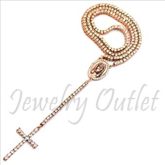 Hip Hop Fashion 1 Row Crystal Rosary Beautiful Shiny Stones and Rose Color Plating With White Stones 30 inches Rosary Chain with 6 inches dangling part with Cross