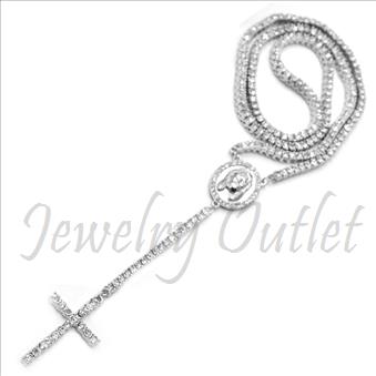 Hip Hop Fashion 1 Row Crystal Rosary Beautiful Shiny Stones and Silver Plating With White Stones 30 inches Rosary Chain with 6 inches dangling part with Cross