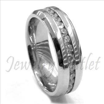 Stainless Steel Comfort Fit Band With Cubic Zirconia and Chanel Setting Band.