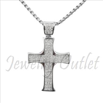 Stainless Steel Mens Large CZ Cross With Necklace