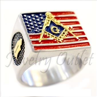 Stainless Steel Mens Masonic sign with American Flag Ring