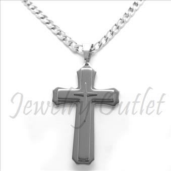 Stainless Steel Chain and Charm Combo Set Includes 30 Inch Length Cuban Chain With an Approximately 3.5 Inch Cross Tall Pendant